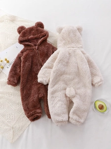 Baby Winter Fleece Hooded Romper Bear Ears Jumpsuit Warm Coral Fleece Infants Toddlers One-Piece Sleepwear Jumpsuit
