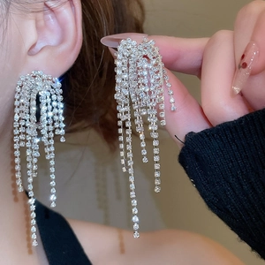 Detail of silver long fringe earrings with sparkling rhinestones worn by a model