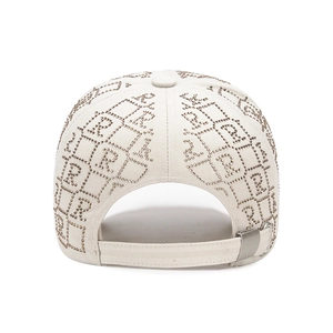 Stylish white women's baseball cap with gold rhinestone letter R pattern, back view details.