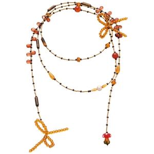 Ethnic style crystal beaded necklace with amber bow and red mushroom pendant