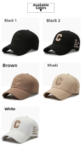 Detail view of cotton baseball caps showing embroidered C logo and diverse color options