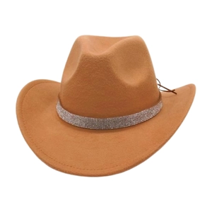 Close-up of sparkling silver rhinestone band on a camel wool felt western cowboy hat