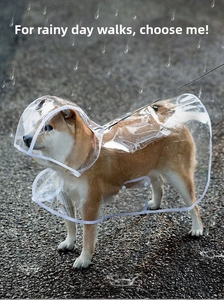 Close-up of waterproof transparent PVC dog raincoat with functional snap buttons and hood