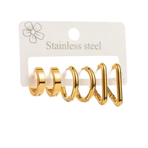 Three-set gold stainless steel geometric hoop earrings on minimalist display card