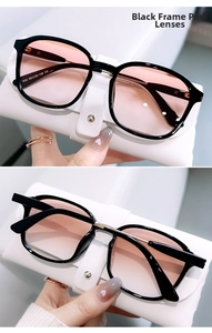 Detailed view of black frame sunglasses with pink gradient lenses and side temple specs