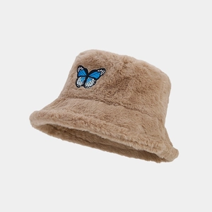 Women's warm plush bucket hat in khaki with a blue butterfly embroidery patch