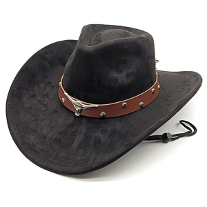 Chapeau de cowboy classique en suédine noire avec boucle métallique tête de taureau vintage