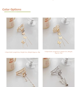 Detail showing L and K styles butterfly metal hair clips with pearls and size dimensions