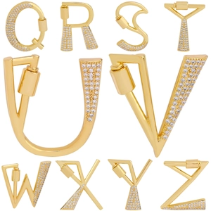 Gold plated alphabet charms Q-Z with cubic zirconia stones and screw clasp lock