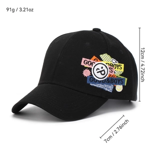 Black baseball cap with colorful smiley face embroidery and 7cm brim for sun protection