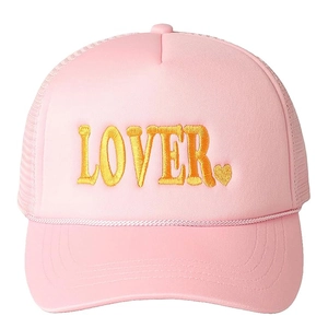 Detailed yellow LOVER embroidery and heart on a pink mesh trucker hat with rope