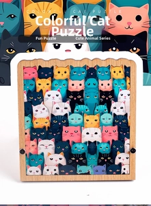 Detailed view of colorful wooden cat puzzle with cute animal illustration in a wooden frame
