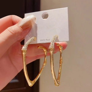 Luxurious gold V-shaped bamboo earrings with zircon micro-pave and S925 silver posts