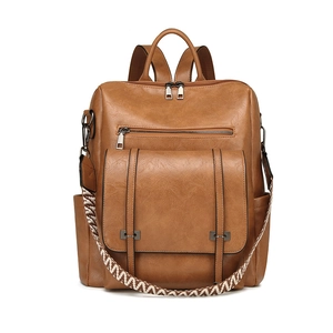 Brown vintage PU leather large capacity backpack with geometric pattern woven strap