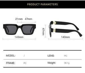 Detailed size chart for square sunglasses with 143mm frame width and 47mm lens height