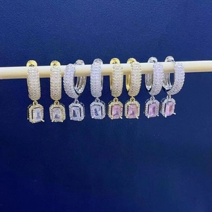 Luxury Copper Pave Rhinestone Square Hoop Earrings For Women Fashion Pink White Crystal Rectangular Dangle Earrings Jewelry