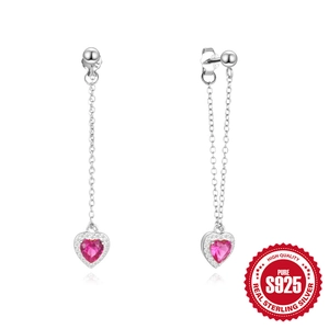 S925 sterling silver heart drop earrings with pink zircons and elegant long tassels