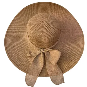 Wide brim woven straw sun hat for women with elegant bow tie detail in khaki finish