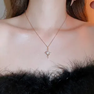 Collana Con Ciondolo A Croce In Acciaio Inossidabile Zircone Lucido Stile Corte Francese Lusso Catena Clavicola Donne
