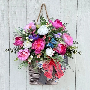 Artificial Peony Flower Basket Hanging Decoration With Blue Butterfly And Ribbon Bow For Front Door Wall Farmhouse Style