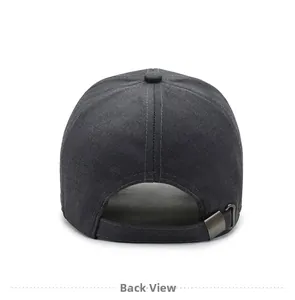 Close-up of dark grey baseball cap rear view with adjustable metal buckle and textured fabric