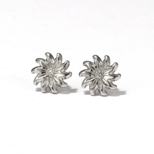 Silver sunflower stud earrings in titanium steel with sparkling crystal center