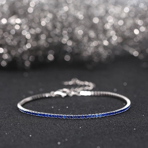 Detail of 1.5MM blue zircon tennis bracelet in S925 sterling silver with adjustable chain