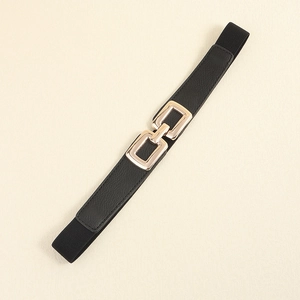 Black elastic waist belt for women with golden double square buckle closure