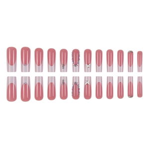 Long coffin fake nails with 3D white French tips, 3D butterflies and sparkling rhinestones