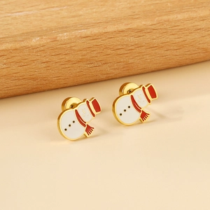 Exquisite Christmas snowman stud earrings with gold plating and red enamel finish for women