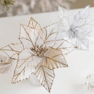 25cm white mesh Christmas poinsettia flower with sparkling gold glitter veins for tree decor