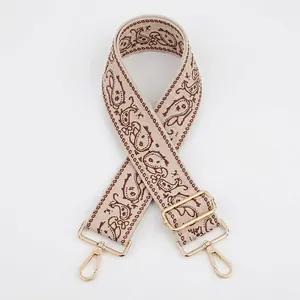 Detail of jacquard bag strap with ethnic paisley pattern and golden lobster clasps