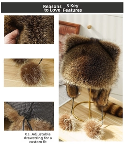 Detailed view of faux raccoon fur trapper hat with striped tail and pompom ties