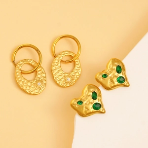 Gold stainless steel hoop earrings with heart emerald and rhinestone hollow disc details