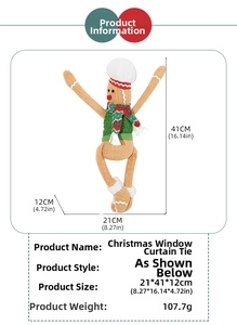 Detail view of knitted gingerbread man curtain tie with dimensions 21x41x12cm and weight 107g