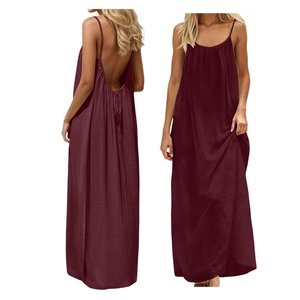 Detailed front and back view of burgundy backless maxi dress with thin straps