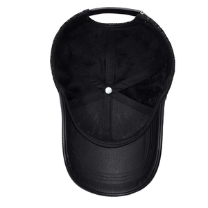 Men's winter black PU baseball cap showing warm fleece lining and adjustable strap