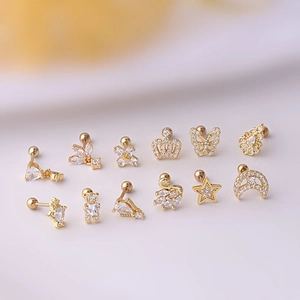 Golden titanium steel stud earrings set featuring zircon butterflies stars and moon shapes