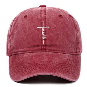 Vintage burgundy washed cotton baseball cap with white faith cross embroidery on front