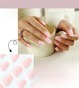 Detail of matte pink long ballerina press-on nails with product layout and model view