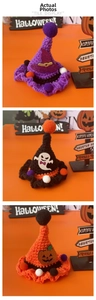 Detailweergave van gebreide Halloween-huisdiermutsen met tovenaar-, spook- en pompoenmotief