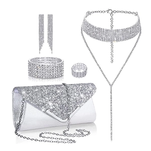 Silver rhinestone bridal jewelry set with clutch bag, choker, earrings and bracelet