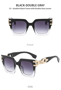 Detail of square gradient black sunglasses featuring luxury gold chain metal temples