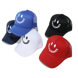 Breathable trucker hats with smiley embroidery in blue, navy, white, black, and red colors