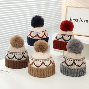 Kinder Strickmütze Dicke Warme Winter Pompon Geometrisches Muster Jacquard Farblock Kinder Thermokappe