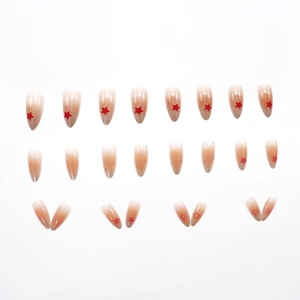 Faux ongles amande dégradé rose avec motifs d'étoiles rouges ensemble de 24 pièces