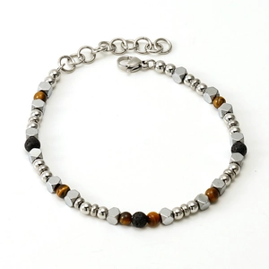 Bracciale di perline con turchese, occhio di tigre e pietra vulcanica in acciaio inox