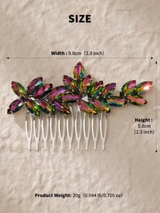 Detail view of colorful rhinestone bridal hair comb showing precise size and weight parameters