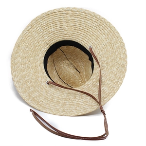 Natural straw jazz hat with 13cm brim and adjustable brown chin strap for sun protection