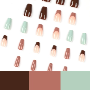 Brown and rose pink French coffin press-on nails set with glossy finish and diverse sizes